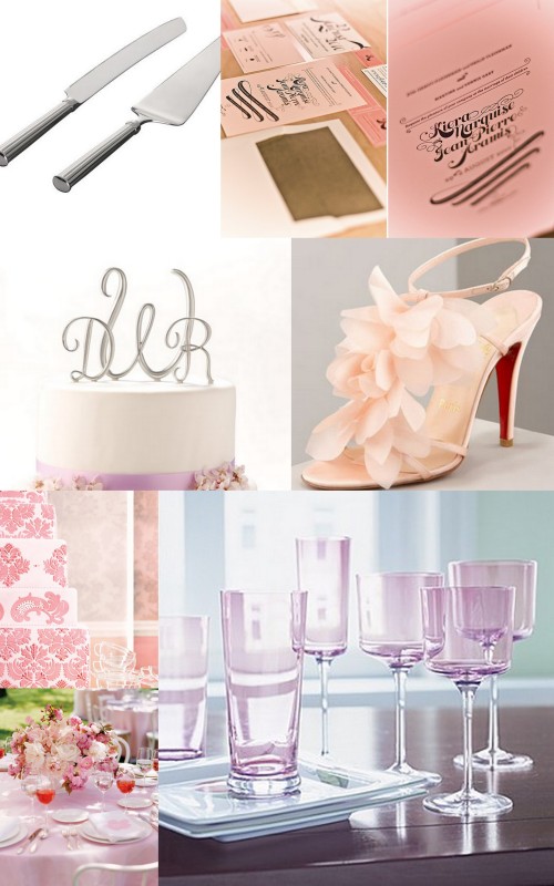 Pink Wedding Invitations, pink wedding shoes, pink wedding glassware, pink wedding table centerpiece, pink wedding cake