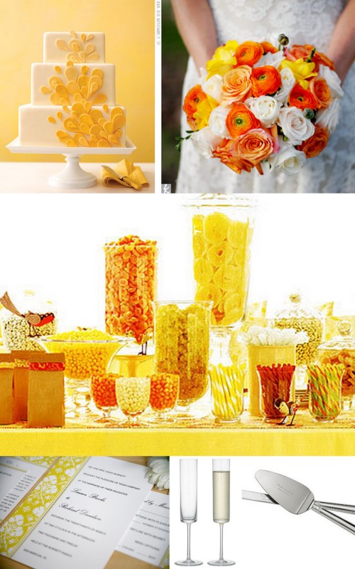 Yellow wedding invitation, yellow wedding cake, yellow and orange candy bar, yellow and orange bouquet, modern toasting flutes