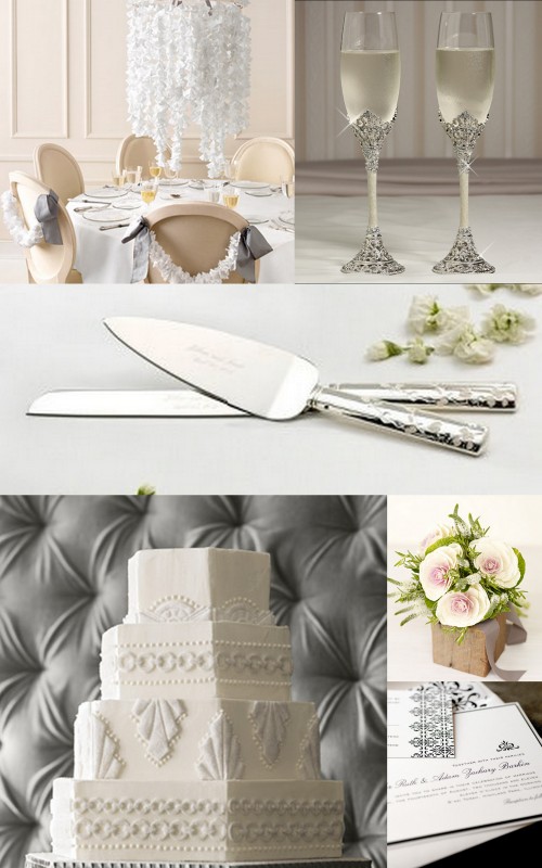 White Wedding Inspiration, wedding cake, toasting flutes, cake serving set, black and white invitation, paper doily chandelier